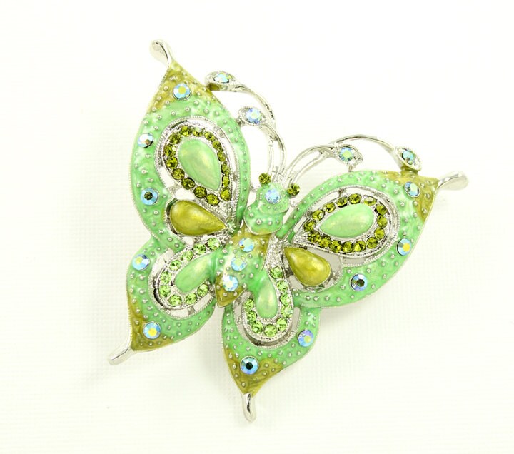 Green Butterfly Brooch Crystal Green Silver Butterfly Jewelry 