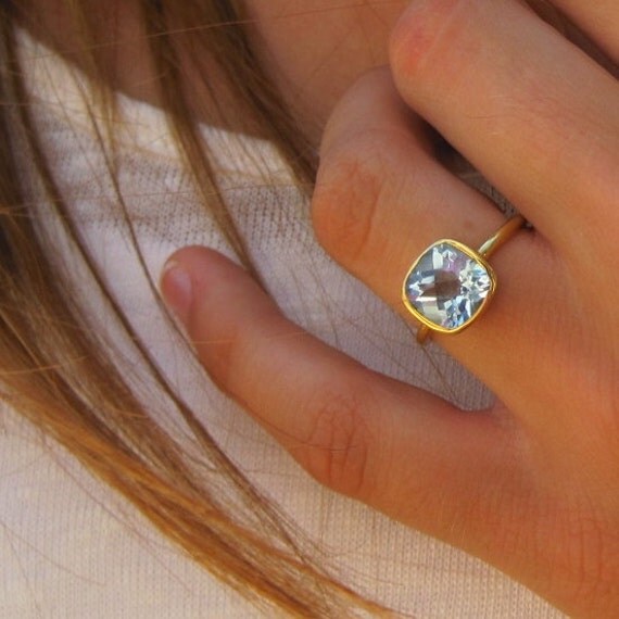 Blue Quartz Gold Gemstone Ring Cushion Cut by EllaTaylorDesign