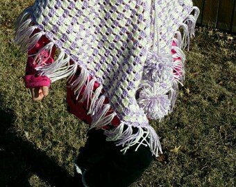 Springtime Toddler Poncho with Pom Pom Tassles