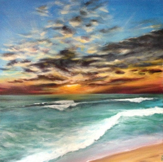 Original acrylic seascape painting sunset painting cloud