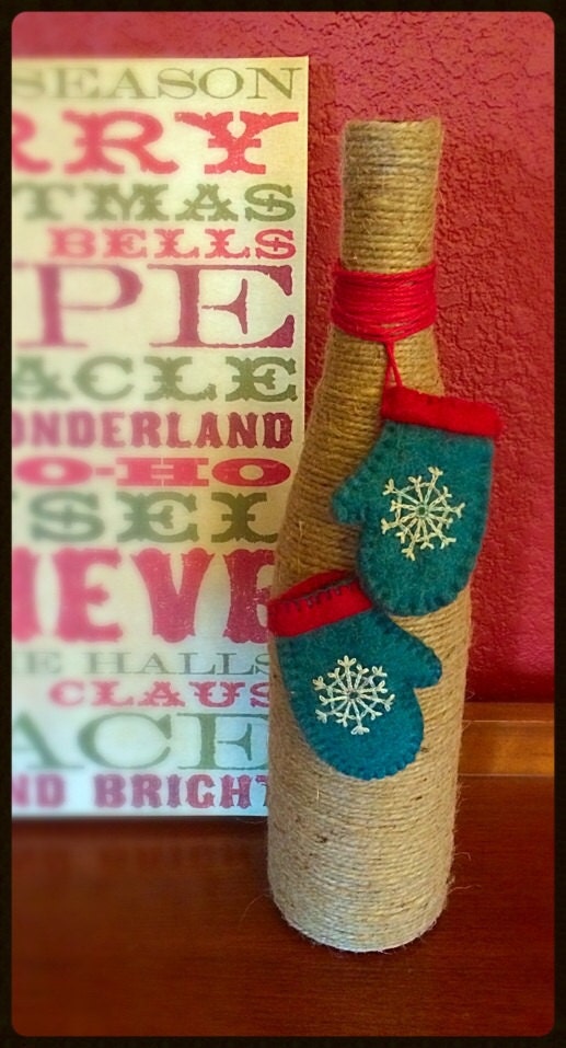 Winter Mitten Jute Wrapped Wine Bottle