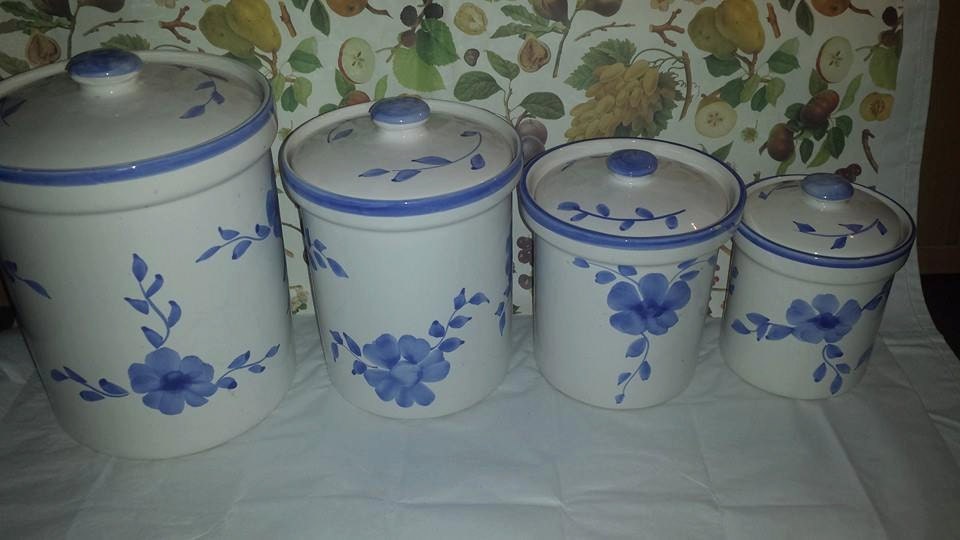 Vintage Blue and White Floral Pottery Canister by JunkYardBlonde