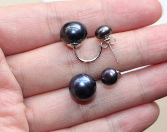 Double pearl earrings set wedding, floating earrings, real pearl studs, black earring pearl, bridesmaid stud, jewellery bridal earings