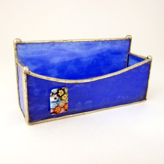 Flower Garden Blue Stipple Handmade Stained Glass Business Card Holder