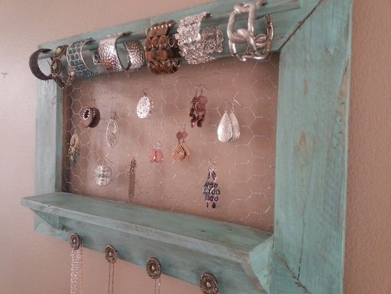 Pallet jewelry holder / jewelry display /rustic jewelry organizer in distressed turquoise, one of a kind