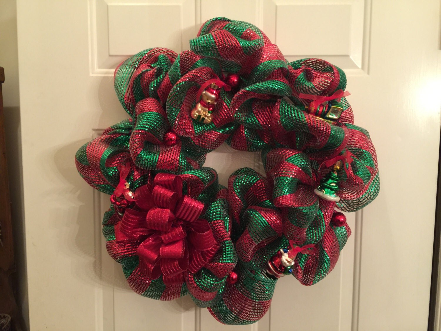 Red and Green Holiday Deco Mesh Wreath