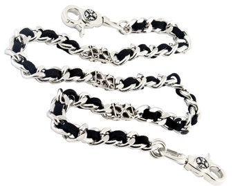 Uniqsum Big Skull Clasp Wallet Chain - Black Leather Braided Biker Key Chain