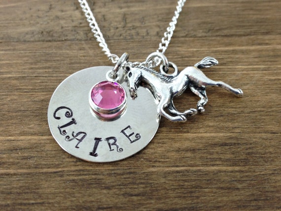 Personalized Horse Necklace - Handstamped Name, Horse, Birthstone ...