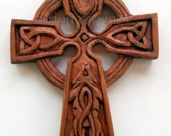 Celtic cross with wolf Wood carving, Handmade Woodcarving, 3,9 x 2,7 in.