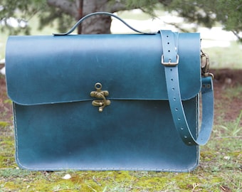 Turquoise leather laptop bag 15",macbook bag,leather briefcase