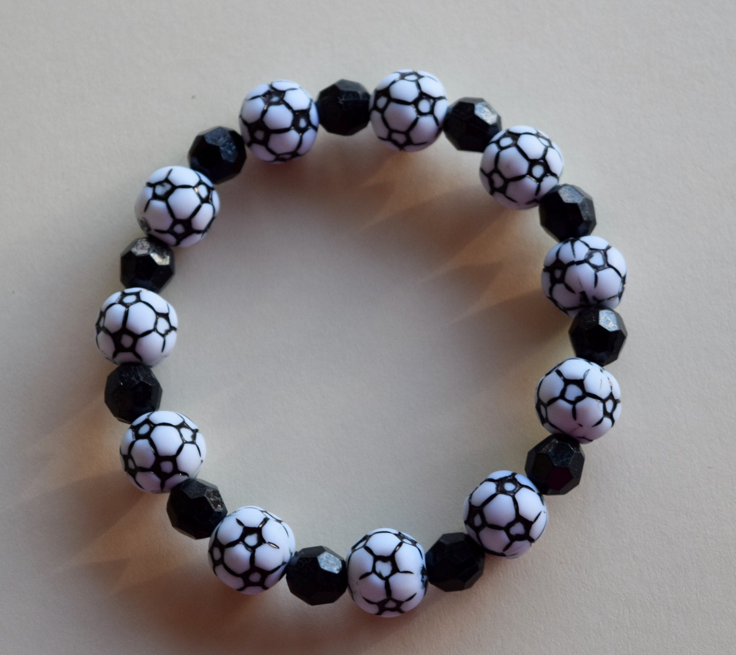 Soccer Ball Black and White Bead Stretch Bracelet