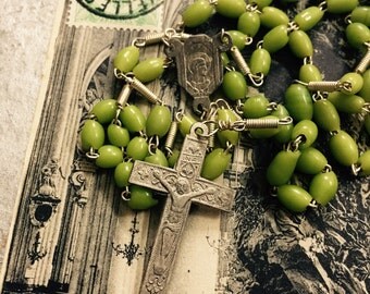 HANDBLOWN GLASS ROSARY Vintage Religious Aged Olive Green