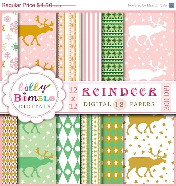 50% off Christmas Digital Scrapbook Papers Reindeer, woodland, INSTANT DOWNLOAD cardmaking, crafts, scrapbook Il_570xn
