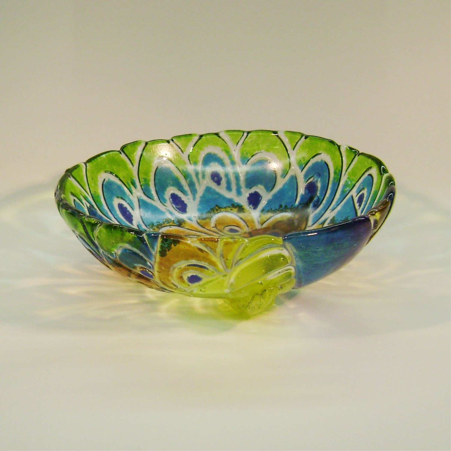 SALE-Fused Glass Peacock Bowl with Feet