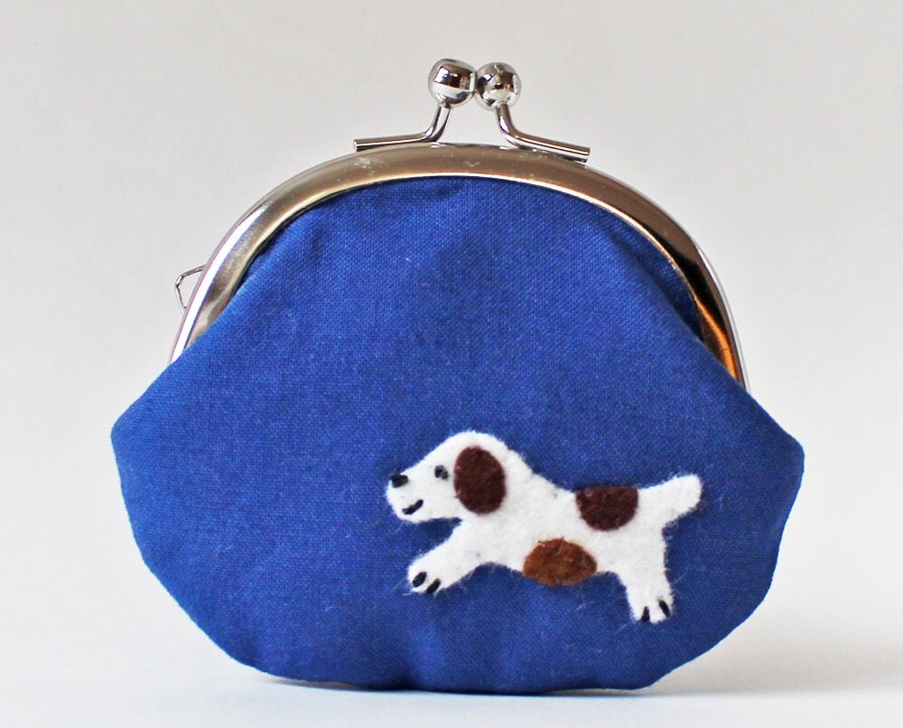 Dog coin purse handmade purse spotted dog on blue puppy