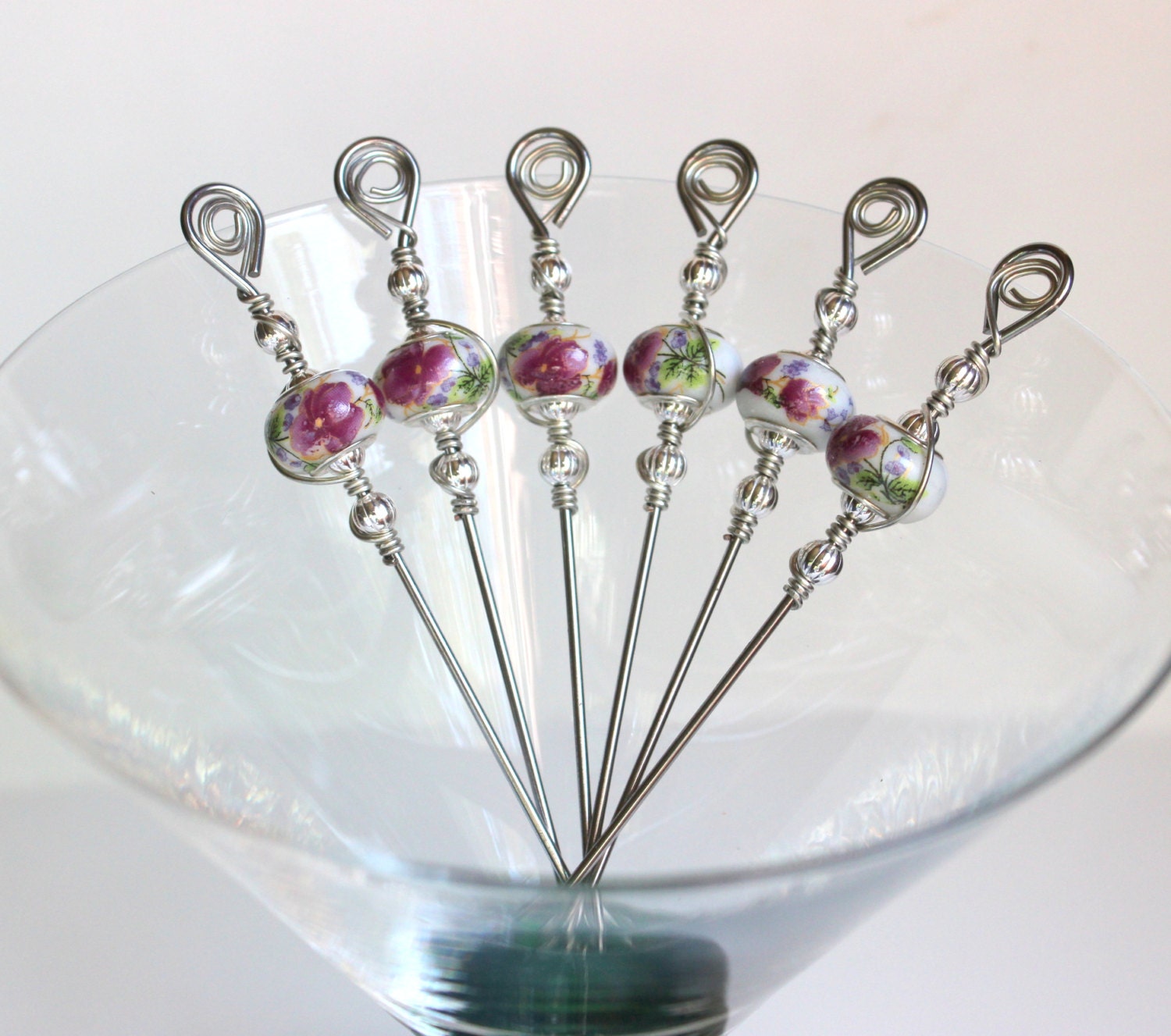 Purple Floral Stainless Steel Cocktail Picks Appetizer Picks