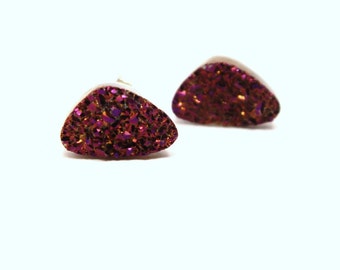 Purple Druzy Stud Earrings Metallic Hot Fuchsia Geometric Triangle Pink Genuine Titanium Drusy Quartz Gemstone Jewelry Sterling Silver Posts