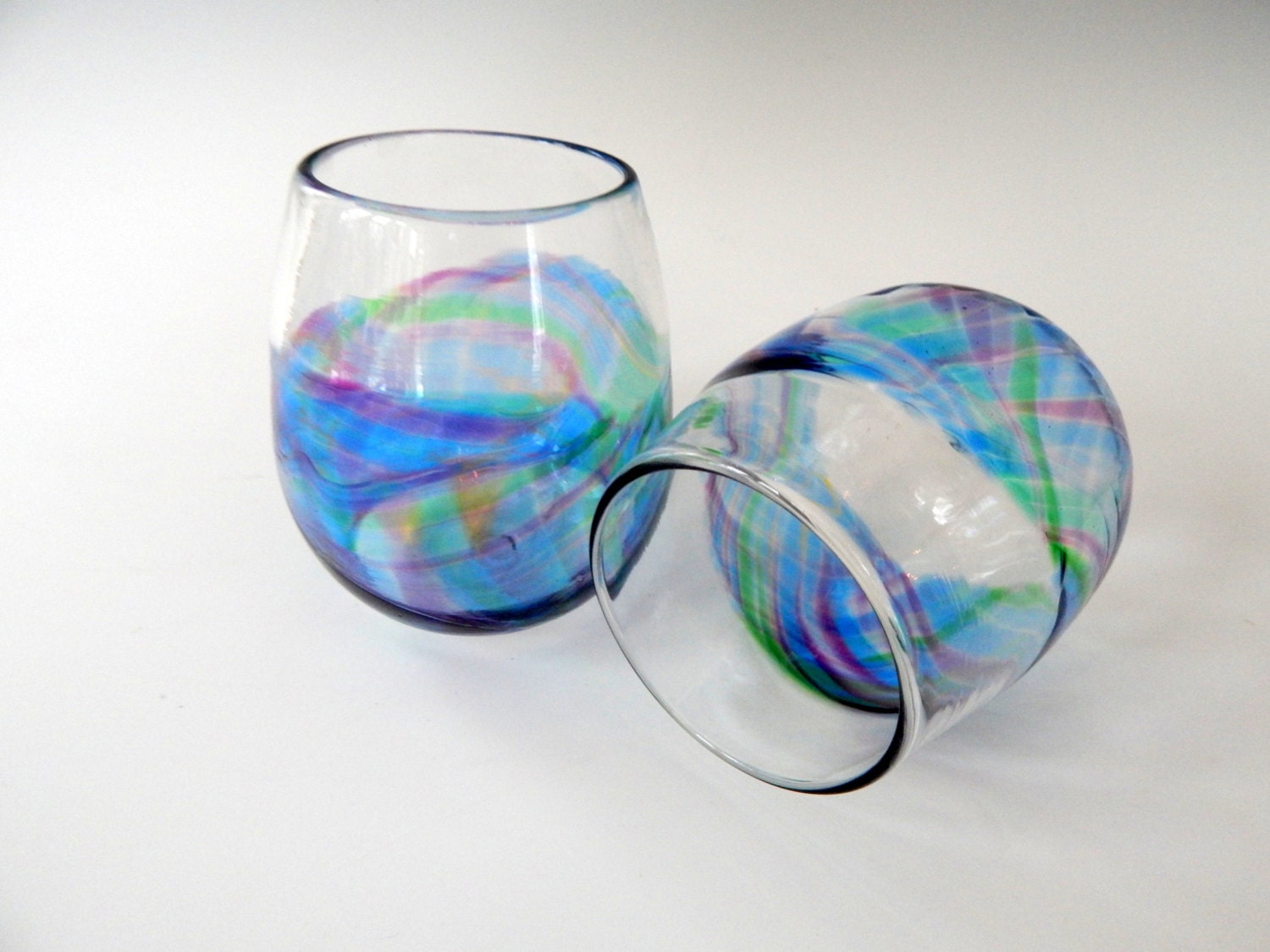 Hand Blown Art Glass Stemless Wine Glasses Watercolor Series