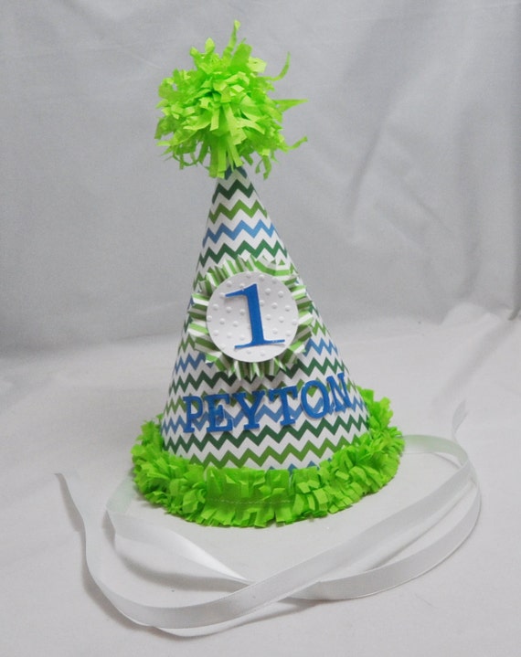 1st Birthday Party Hat Boy Small Chevron by CardsandMoorebyTerri