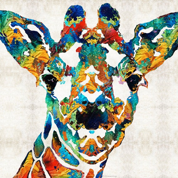 Colorful Giraffe Animal Art PRINT from Painting Primary Colors