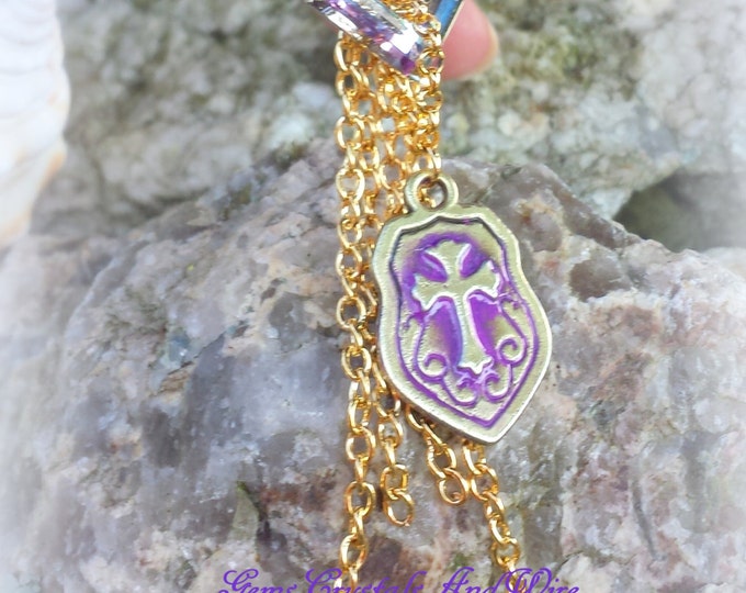 Vintage Gold Cross Earrings with Swarovski Crystal, Chains, Purple crosses