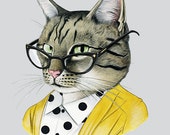 Tabby Cat art print - Modern kid art - Pet Portrait - Animals in Clothes - Animal Art - Modern Decor - Ryan Berkley Illustration 5x7