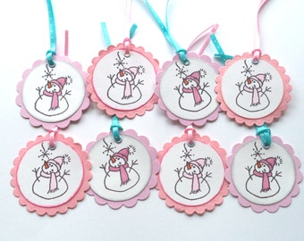 Scalloped Circle Christmas Gift Tags, Pink and Lilac Snowman Set of 8, Gift Giving Tags, Scrapbook Embellishment Tags