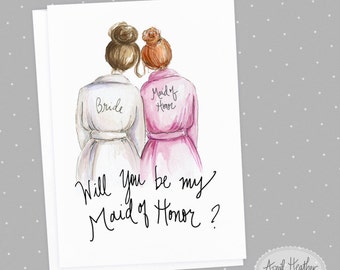 Maid of Honor Brunette Bride and RED Head Maid of Honor, Will You Be My Maid of Honor card PDF printable card