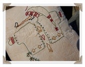 Hand Stitched Joy Snowman Pillow, Christmas Tree, WInter