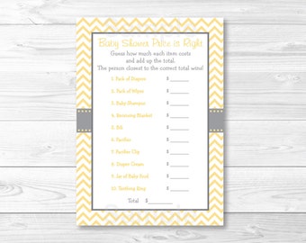 Yellow Chevron Price is Right Baby Shower Game / Gender Neutral / INSTANT DOWNLOAD