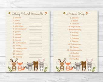 Woodland Forest Animal Baby Word Scramble / Woodland Baby Shower / Forest Animal / Fox / Deer / Bear / INSTANT DOWNLOAD A187
