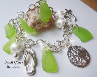 Sterling Silver Sea Glass Bracelet,Shades of Lime Green Sea Beach Glass Jewelry