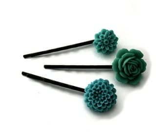 Teal Flower Bobby Pins, Teal Hair Grips, Girls Hair Accessory, Set of Three