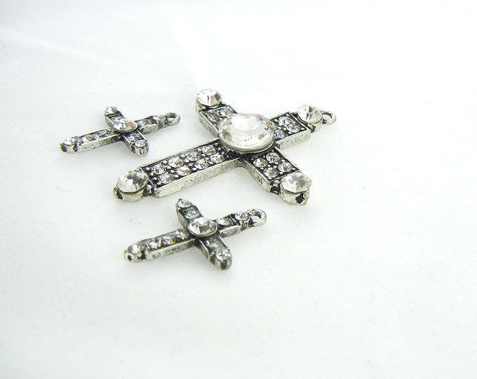 Set of Antique Silver-tone Rhinestone Cross Pendant and Matching Charms Jewelry Supplies