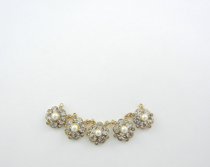 Gold-tone Floral Rhinestone and Faux Pearl Flower Bib or Double Link Pendant