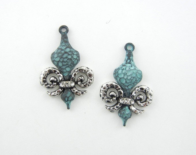 Pair of Patina and Antique Silver-tone Hammered Fleur de Lis Charms Row of Rhinestone Accent