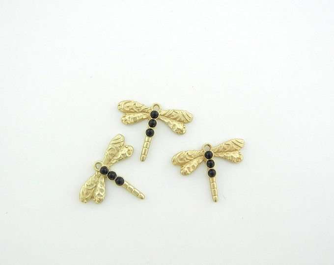 Set of 3 Matte Gold-tone Dragonfly Charms with Acrylic Black Cabochons