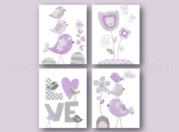 Baby girl nursery decor Purple and gray Nursery Art kids art Baby Nursery wall art love Birds nursery Flower nursery - Set of 4 prints by GalerieAnais