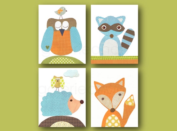 Fox nursery art Raccoon kids wall art playroom art hedgehog nursery Owl art green orange blue artwork woodland nursery decor set of 4 prints by GalerieAnais