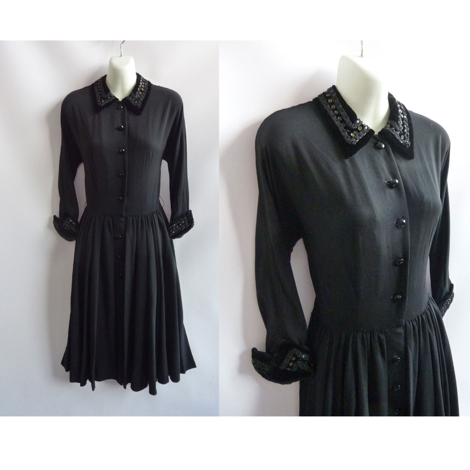Vintage 40s Dress Size M Black Rayon Peplum Film Noir Sequins Velvet steampunk buy now online