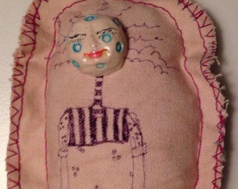 Lavender Sachet clay face hand drawn doll little girl Stuffed doll handmade primitive child tea stained dried Lavender