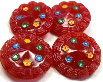 20s Glass buttons, 4 Ruby Czech ribbon edges with flowers.