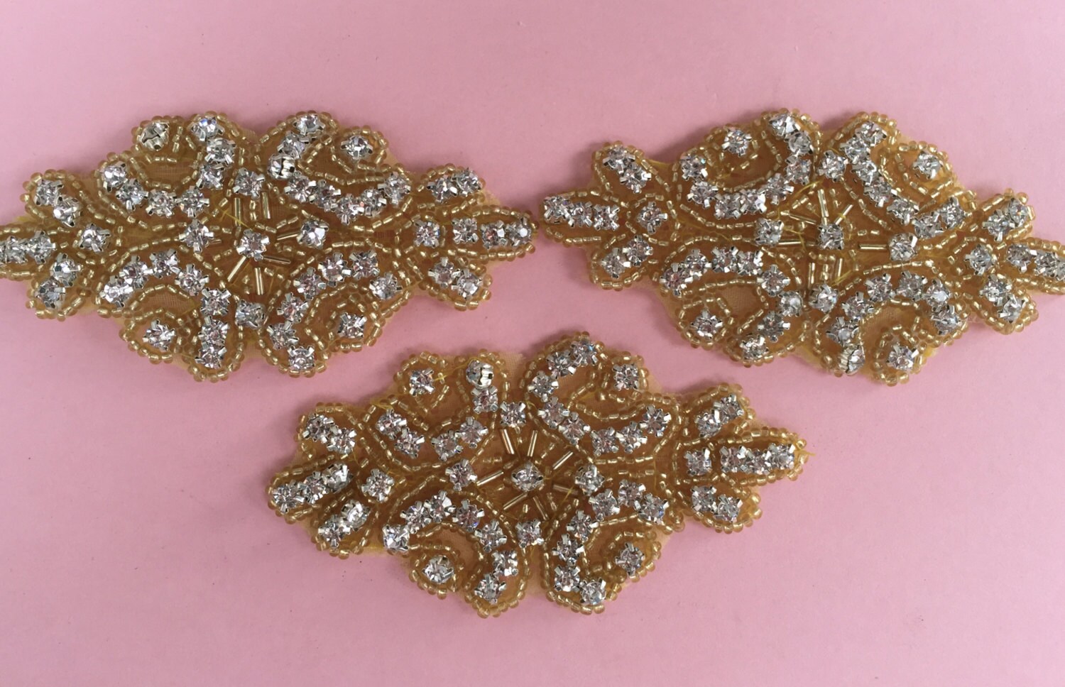 Applique Rhinestone And Beaded Gold 3 58 X 1 34 7415