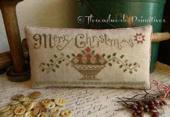 Primitive Cross Stitch Pattern - Christmas Fruit Basket
