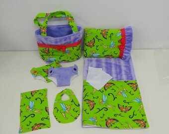 Bitty Baby Basics in Tinkerbell & Butterflies- Diaper Bag and Diapers with Blanket and Pillow