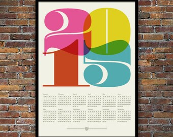 2015 calendar poster print, Mid Century Modern, retro kitchen art, office art, Eames, graphic design, typography poster - 50 x 70 cm