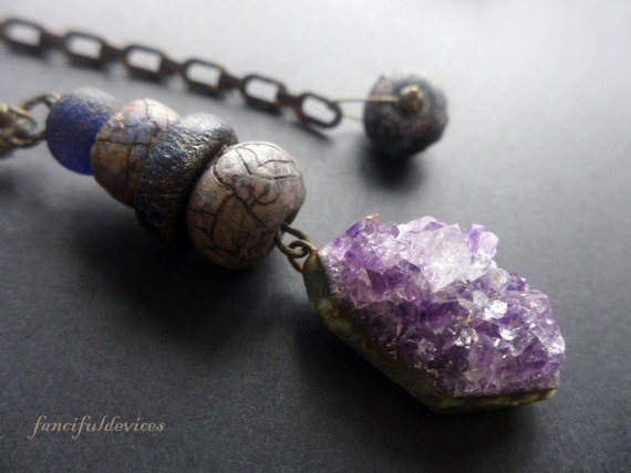 Abodement. Rustic assemblage purple amethyst pendant necklace.