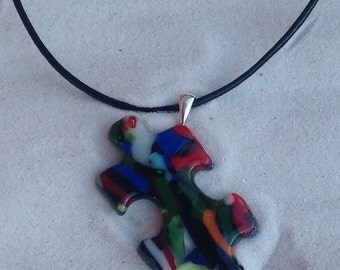 Autism Puzzle Piece Pendant, Fused Glass Puzzle Pendant, Autism Awareness with Sterling Silver Bail