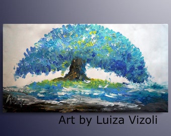 Blue Tree Painting 46x22 Canvas/ large canvas /Hand Made painting/ Ready to Ship/ Art by Luiza Vizoli