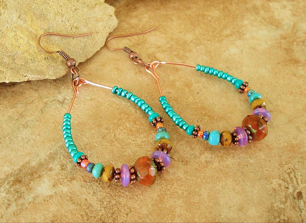 Boho Beaded Hoop Earrings Hippie Chic Colorful Gypsy